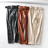 pu leather high waisted pants women fashion loose faux leather trousers women elegant pockets pants female ladies 3 color beige