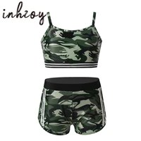 kids camouflage printed workout fitness dancewear crop top with ballet gymnastics shorts sets girls stage performance costume