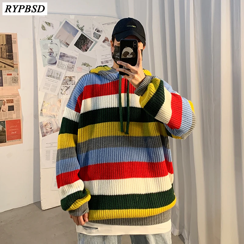

Korean Fashion Casual Striped Sweater Men Contrast Color Autumn Winter Loose Warm Hooded Wool Knitted Pullover Sweater Brand