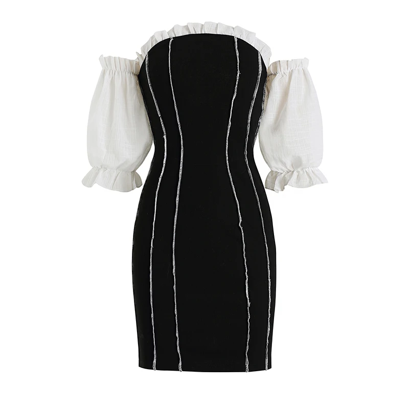 

2021 New Sexy Party Night Club Dress Off the shoulder Puff Sleeve Slash neck Black Sheath Dress Summer