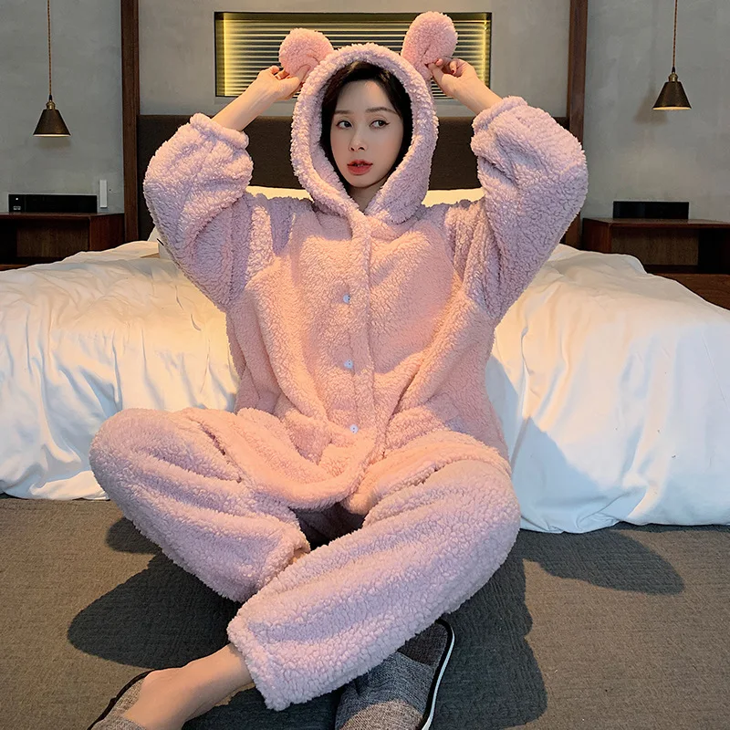 

Harajpee Sweet and Lovely Lovers Pajamas Warm Suit Lively Couple Cashmere Cartoon Winter Home Thickened Homewear Clothes 2PCS