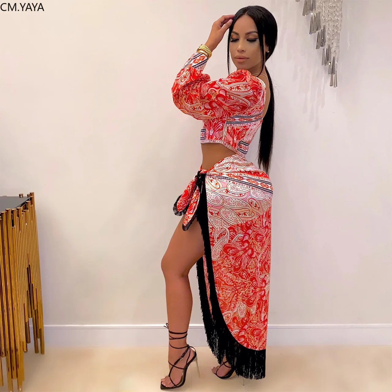 CM.YAYA Women Bandanna Print Long Sleeve Crop Top Irregular Hem Splicing High Split Maxi Skirts Suit Two Piece Set Dress |