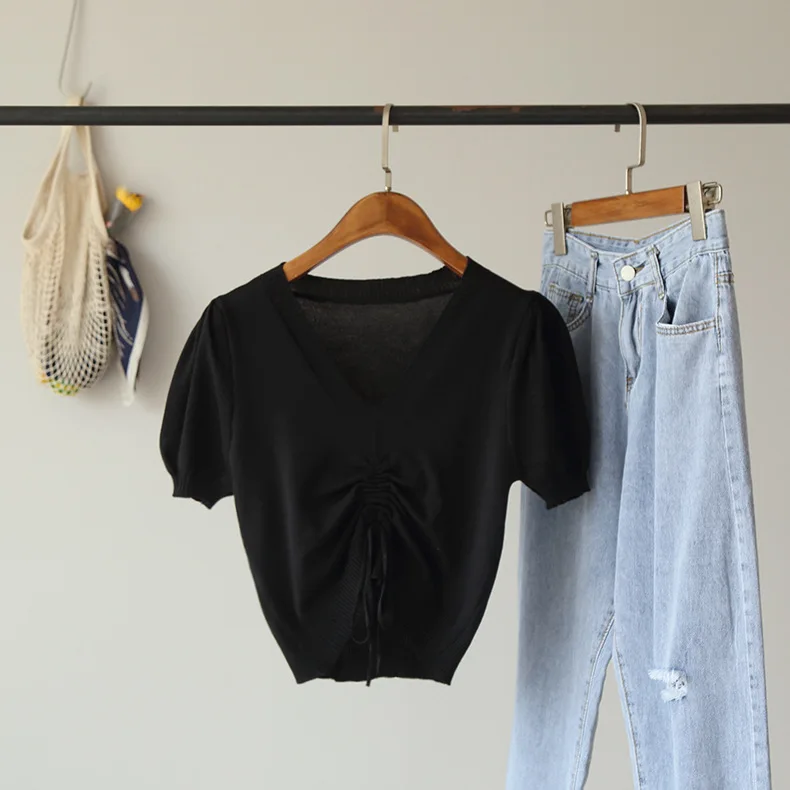 

Tshirt Women Short-Sleeve Harajuku Tee-Tops V-neck Drawstring Female Casual New