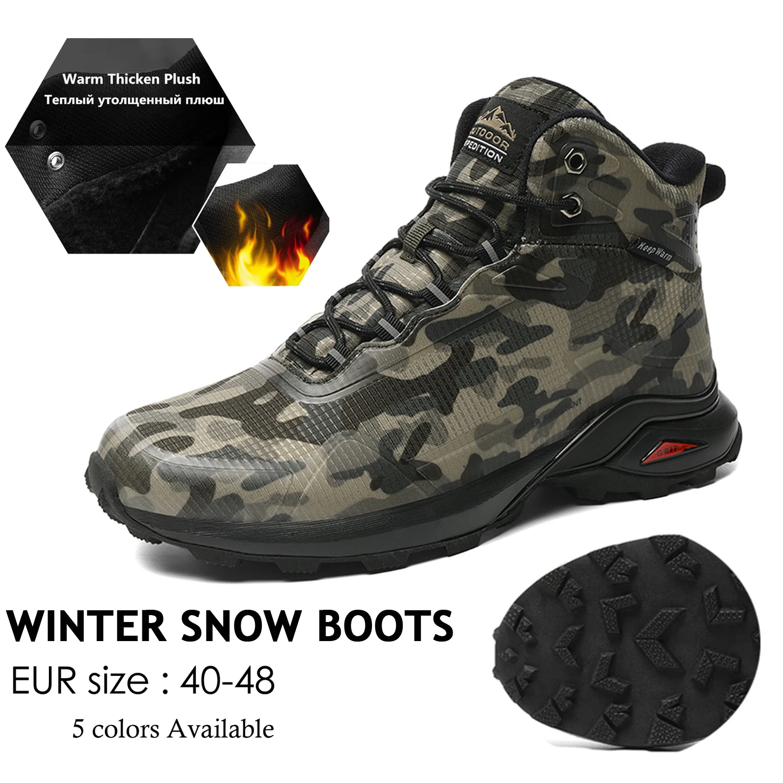Botas de invierno para hombre, botas de nieve antideslizantes de felpa cálidas para hombre, zapatos de senderismo de camuflaje impermeables al aire libre de alta calidad para hombre, montaña