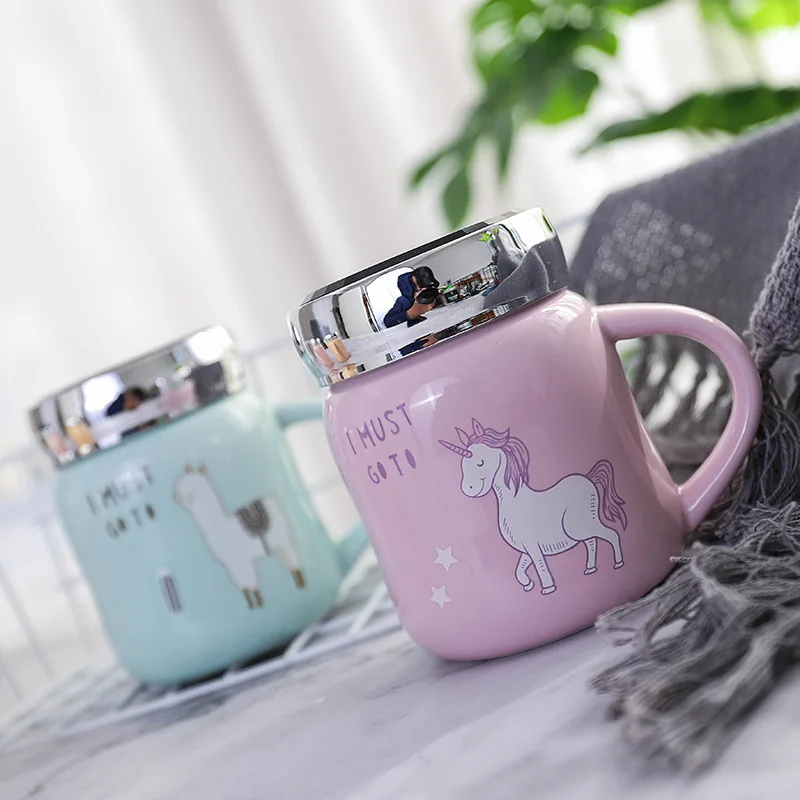Pattern Mug with Lid Cute Cartoon Mugs Mirror Cover Ceramic Cup Single Layer Korean Creative Drinkware | Дом и сад