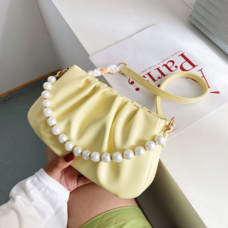 

Женская сумка через плечо, желтая сумка из искусственной кожи, с короткой ручкой, украшенной бусинами, 2021