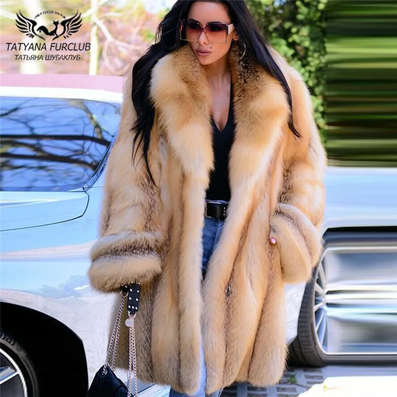 

Женское пальто из цельного натурального меха, зимнее пальто из цельного золотого лисьего меха с большим воротником, 2022
