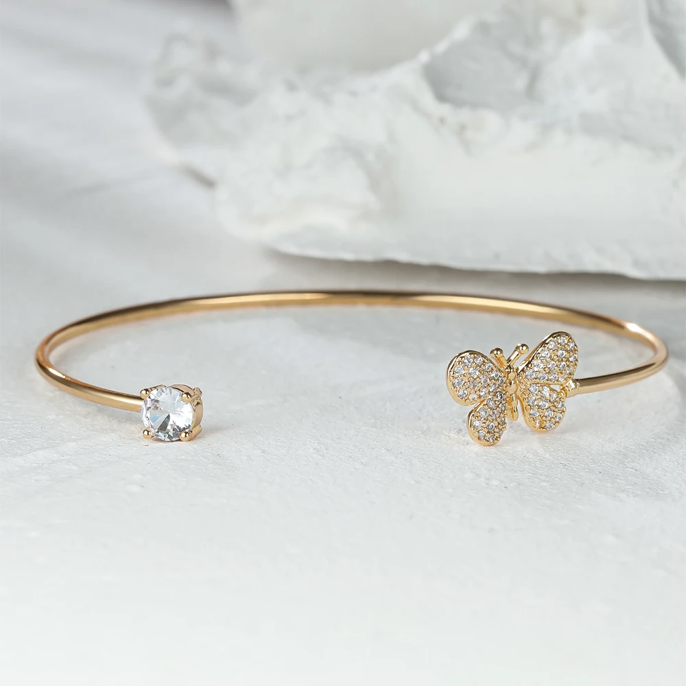 

Gold Butterfly Flower Cross Leaf Open Bangles for Women Dainty White Zircon Thin Cuff Bracelet Wedding Birthday Jewelry Gift