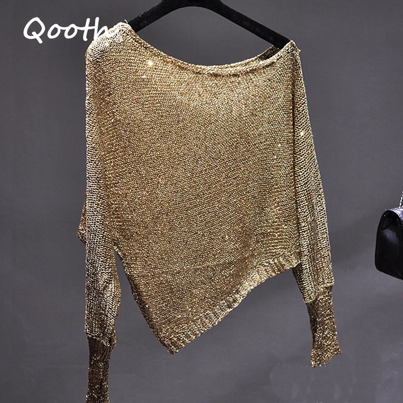 Qooth Women's Irregular Solid Blouse Pullovers Spring Sequined Shirts Sweater Fashion Vintage Sexy Knit Tops Female QT1403