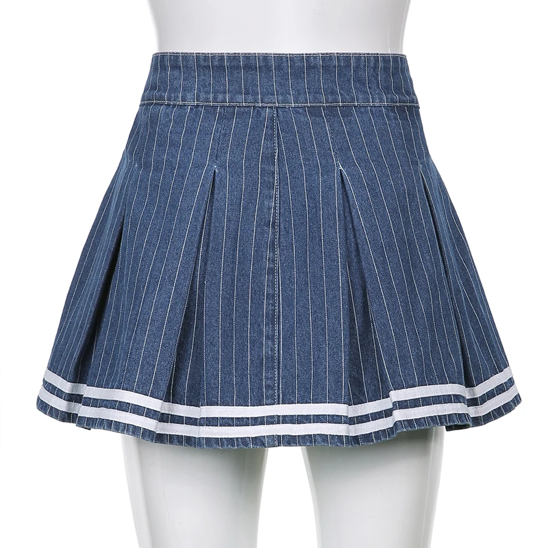 

Rockmore Striped Pleated Denim Skirts Y2K Preppy Style Short Skirt Women High Waist Party Mini Skirt Summer Korean Harajuku 2021