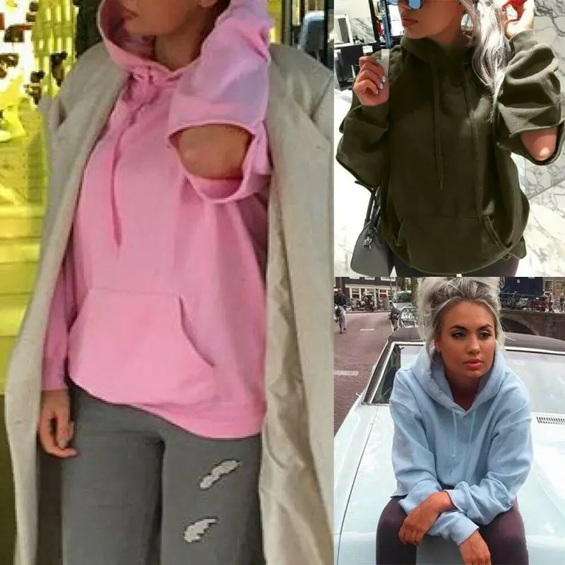 

Sweatshirt Plus Size Womens Long Sleeve Cut Out Solid Hooded Hole Pullover Tops