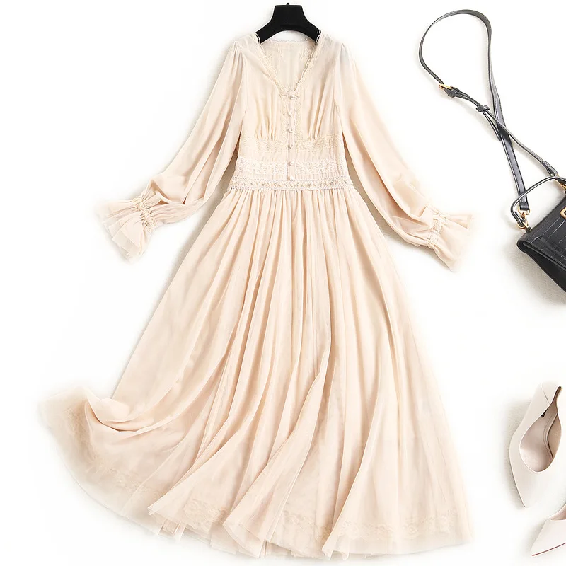 

2021 new Women spring summer mesh dress lace trim V-neck a-line patchwork satin flare long sleeve elegant dresses beige