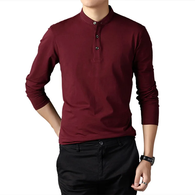 

New 2020 Autumn Men Henry Collar T-shirt Business Fashion Casual Solid Color High Quality Long Sleeve Tee Shirt Male Brand Tops