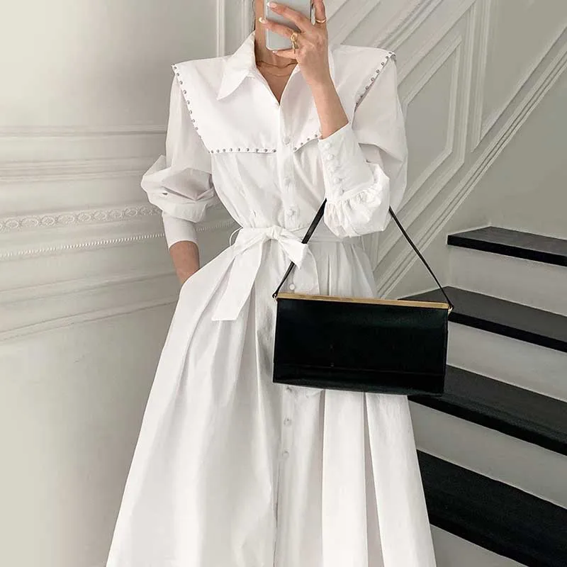 Vestido blanco de una pieza para mujer, moda coreana, camisa de manga larga con una hilera de botones, primavera y otoño, 2021