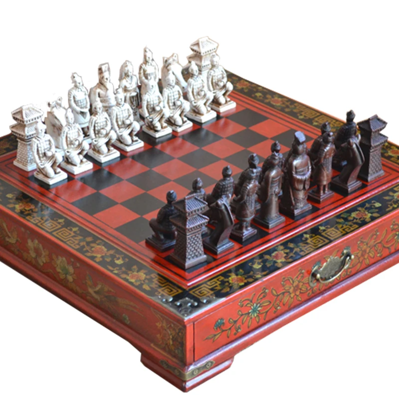 Top Classic Chinese Chess Board Game Terracotta Warriors Wooden Chessboard Puzzle Cartoon CharactersTeenager Adult Birthday Gift