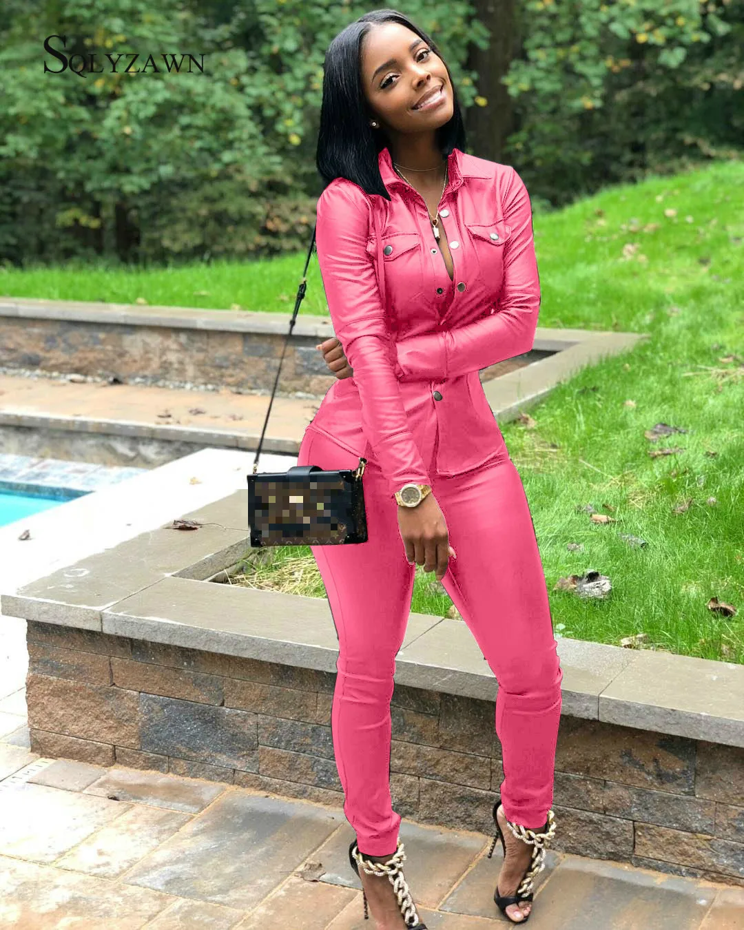 

Комплект из двух предметов женский облегающий из искусственной кожи, Модный Топ с длинным рукавом и отложным воротником, на пуговицах, улич...