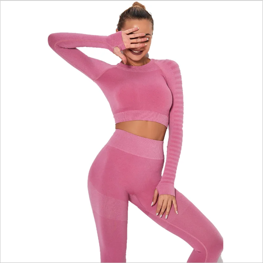 

Seamless knitted high-elastic slim ladies yoga suit quick-drying fitness long-sleeved top + running sweatpants DS85
