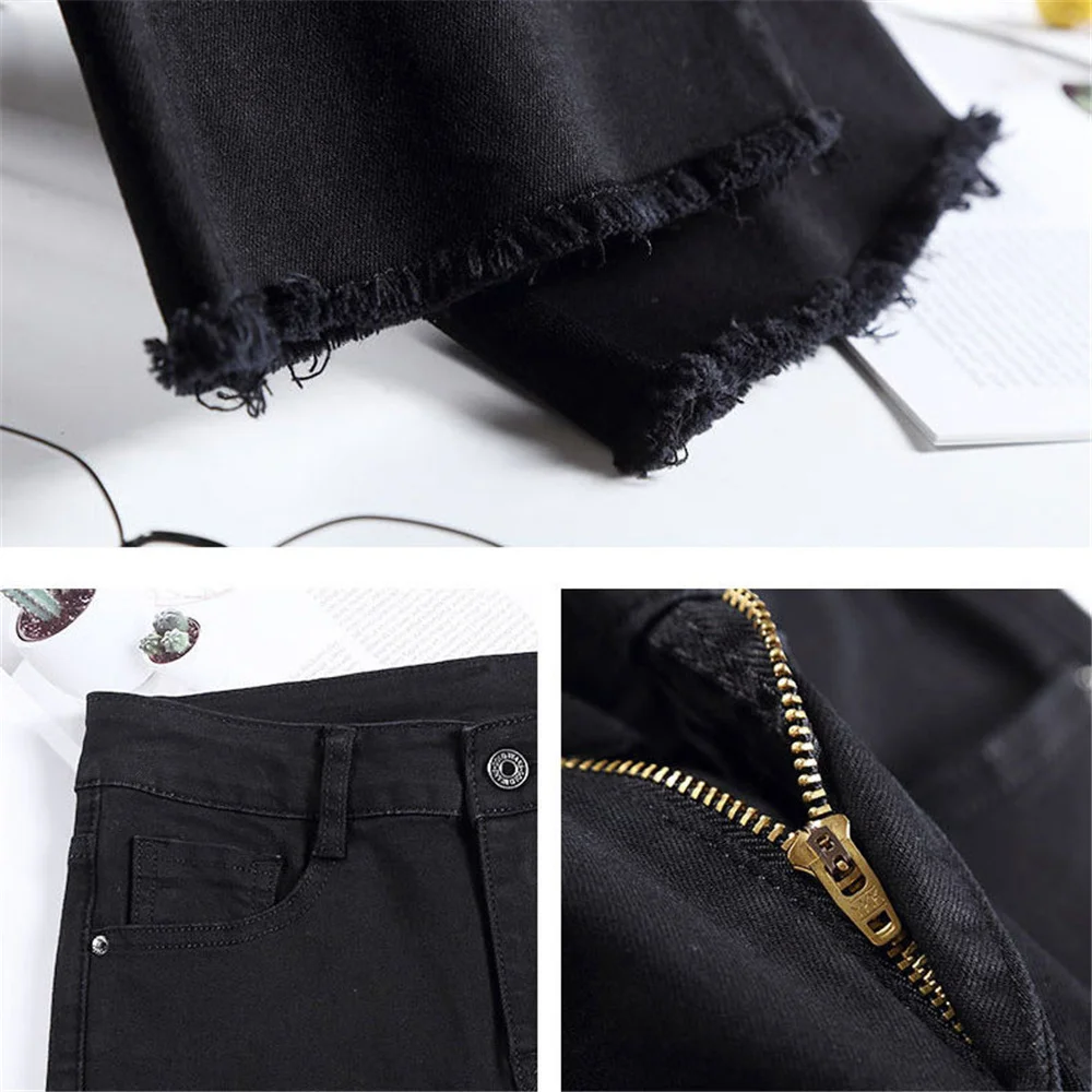 Черные расклешенные джинсы с флисовой бахромой на подоле женские эластичные