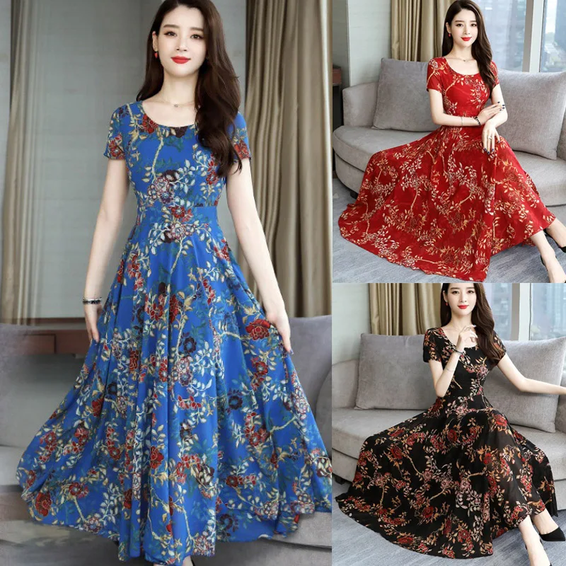 

Newest Women Short Sleeves Round Collar Boho Printed Long Maxi Dress for Evening Party