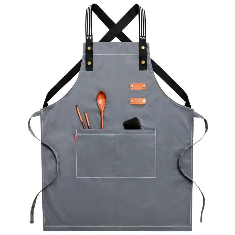 

Canvas Working Aprons for Man Kitchen Cooking Cleaning Antifouling Aprons with Pockets Milk Tea Cafe Shop Work Apron