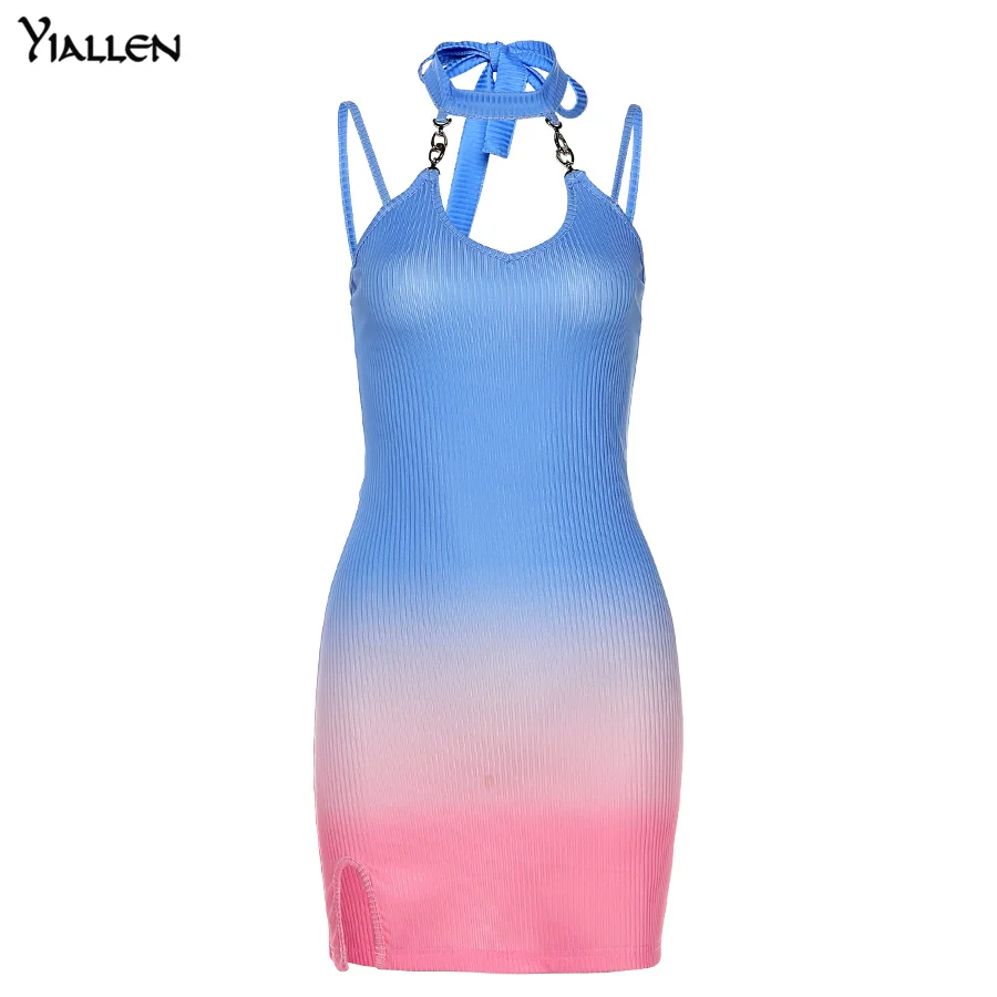 

Yiallen Summer Sexy Backless Sling Dress Women Strap Gradient Color Slim Clothing Lady Beach Vacation Casual Mini Dresses2021