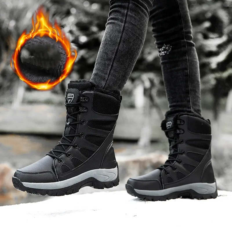 Winter Warm Plush Men Women Hiking Boots Couple Combat Shoes Men Fashion Black Plus Size 46 Leather Snow Boots Women Botas Mujer