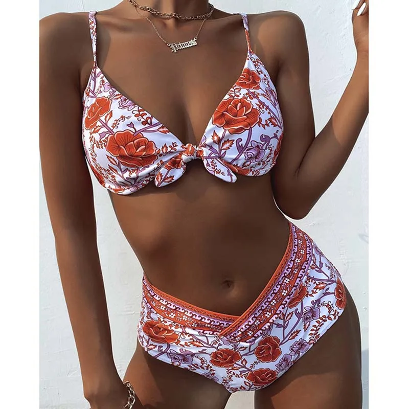 Летние Цветочный принт бандажные дамские пляжные бикини наборы для женщин с
