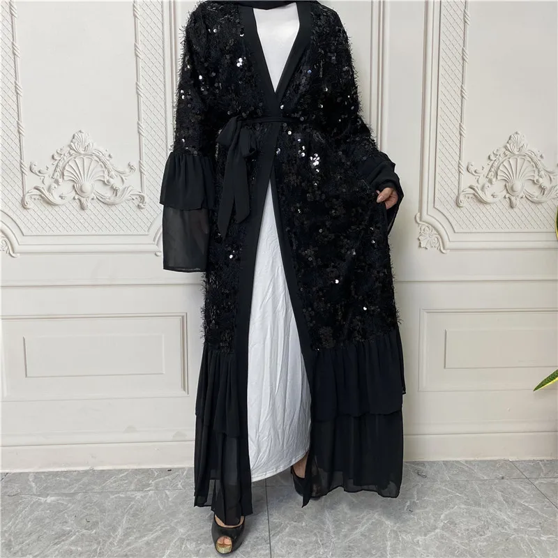 Рамадан открытая Abaya Дубай, Турция шифон мусульманский хиджаб платье FlareSleeve блестки Eid Абая для женщин ислам одежда Djellaba Femme