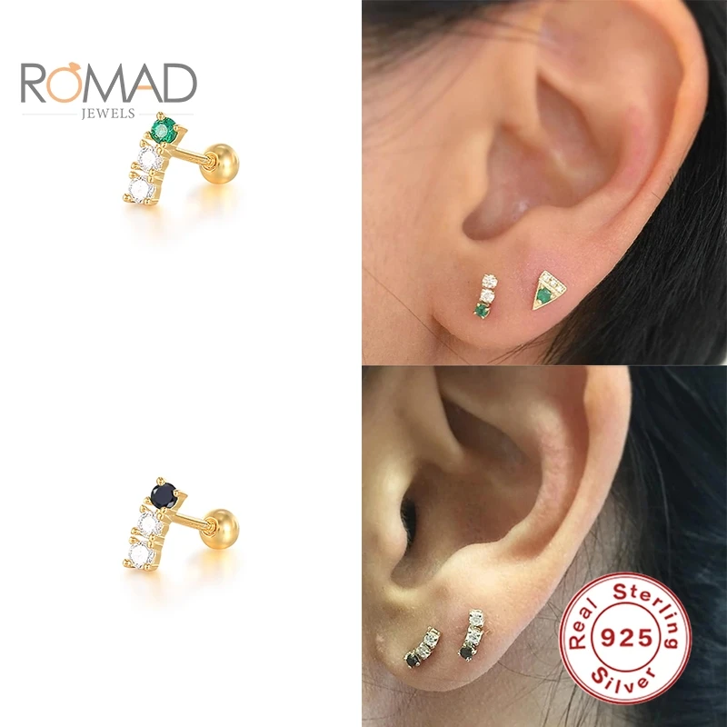 

ROMAD Women Mini French Bread Half Moon Piercing Earrings 925 Sterling Silver Green Zircon Spiral Stud Earrings Pendientes Plata