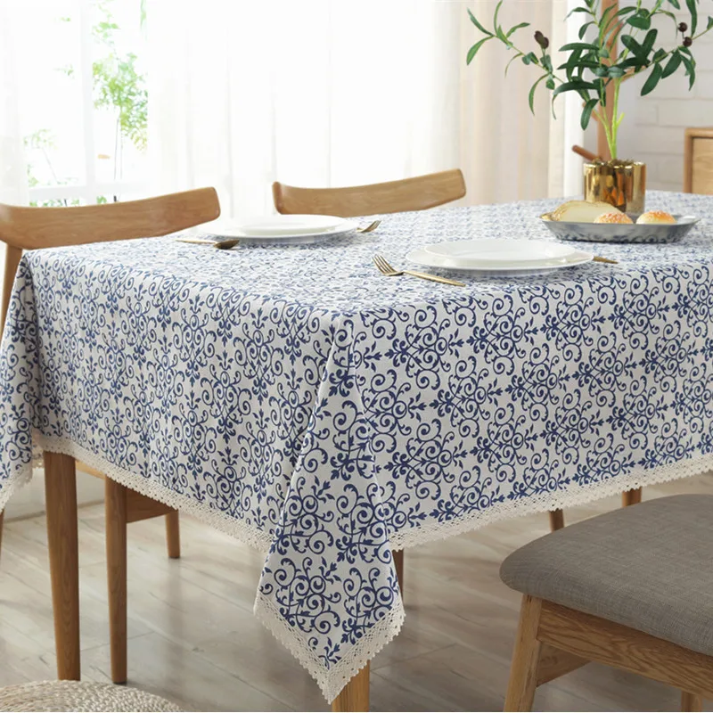 

Chinese Classical Style Blue White Porcelain Lace Tablecloth Linen Cotton Dust-proof Table Cloth Cover