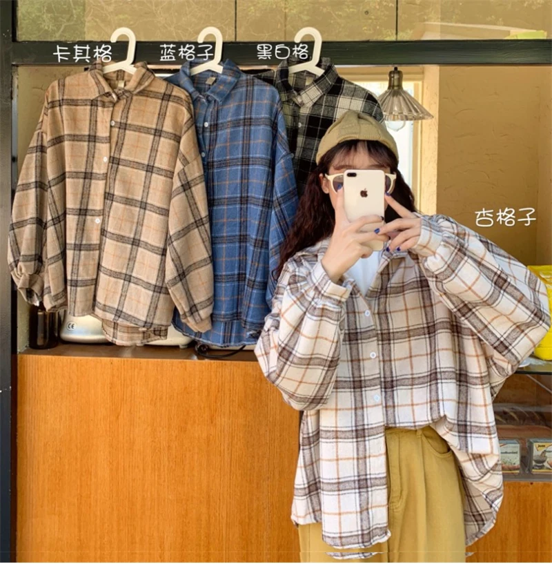 Women Plaid Warm Shirt Female Jacket Checked Coat Casual Turn-down Collar Long Sleeve Autumn Blouse Fashion Loose Outwear Tops