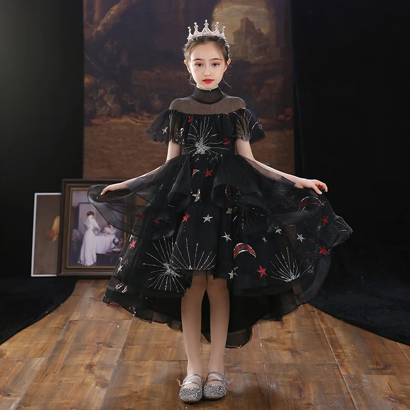 

Puffy High Low Prom Dresses For Kids Elegant O-Neck Off The Shoulder Short Front Long Back Girls Pageant Dresses