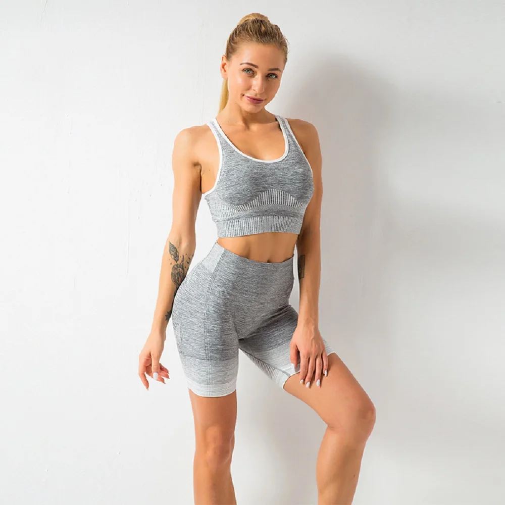 

Gym Wear Women 2pcs Striped White Soprt Bra Top+short Tight Fitness Clothing Comfortable Yoga Set Anti-Wrinkle Sport Suit 2pcs