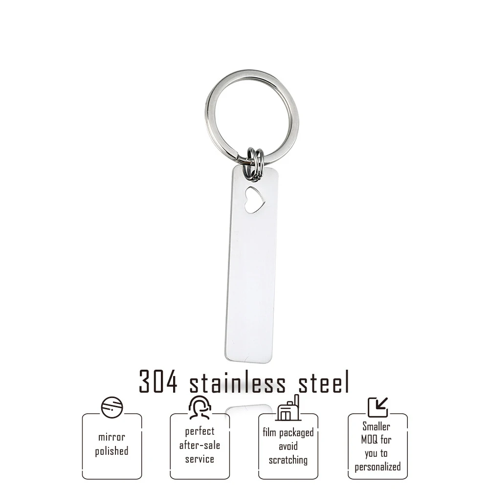 

Stainless Steel Key Chain 12*50mm Hollow Heart In Rectangle Charm Pendant Long Bar Keyfob Key Holder Wholesale 20pcs