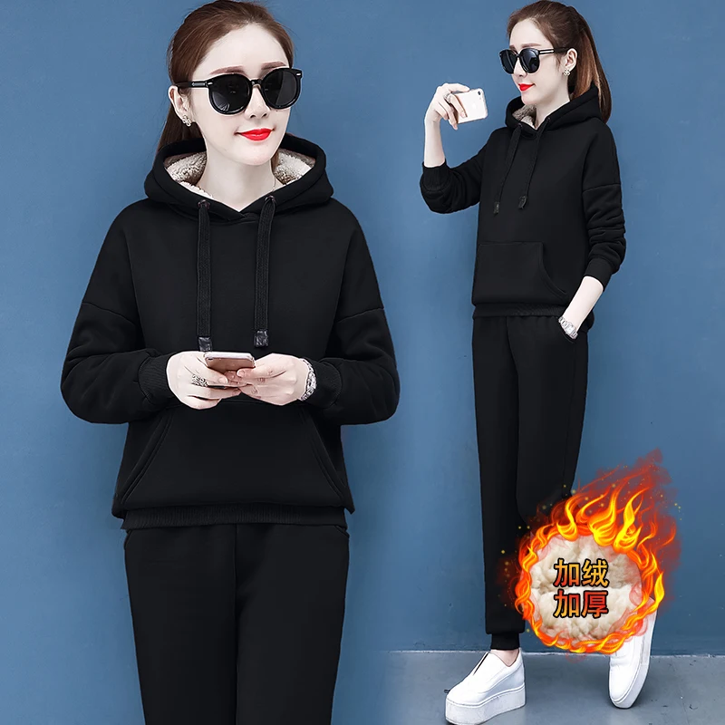 

Hoodies Pants Suit New Winter Women'S Clothing Set Thickening Lambs Wool Top Trousers Two-Piece Leisure Health Clothes With Hood