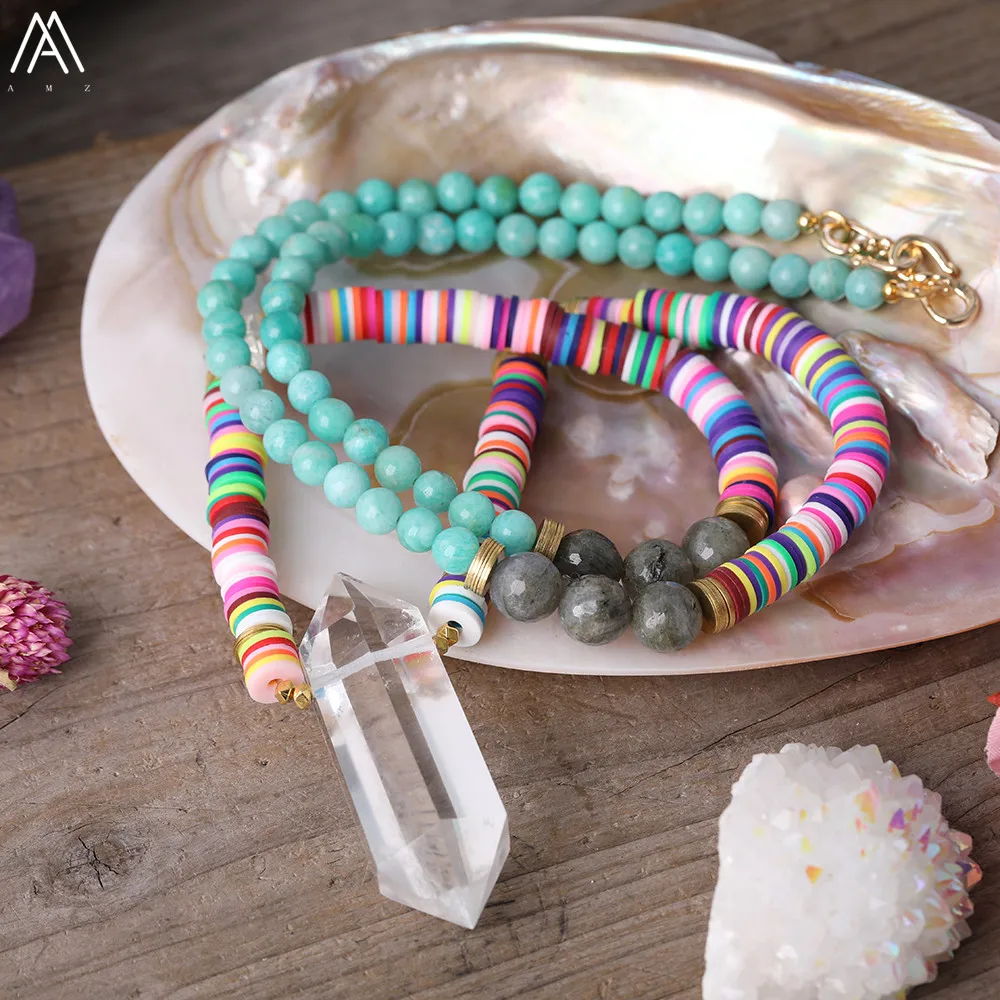 

Natural White Quartz Double Point Pendant Amazonite Labradorite Polymer Clay Disc Heishi Beads Knot Handmade Necklace For Women