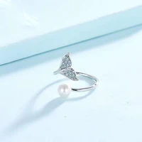 korean style 925 sterling silver adjustable rings cubic fish tail zirconia simulated pearl finger rings ladies fashion jewelry