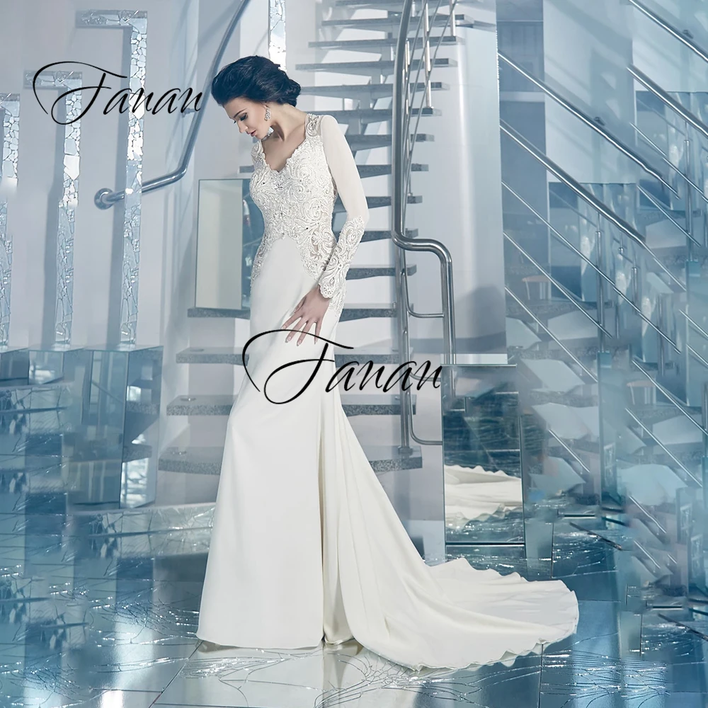 

V-Neck Long Sleeve Lace Appliques Mermaid Wedding Dresses Court Train Elegant Wedding Prom Gown Свадебное платье robe de mariée