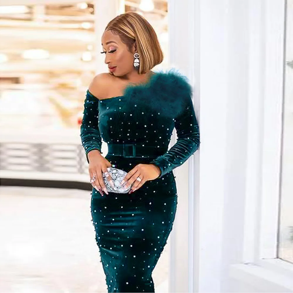 

2023 Autumn Winter Velvet Evening Dresses For Women Elegant Plus Size African Wedding Party Gown Green Bodycon Vestidos Robe