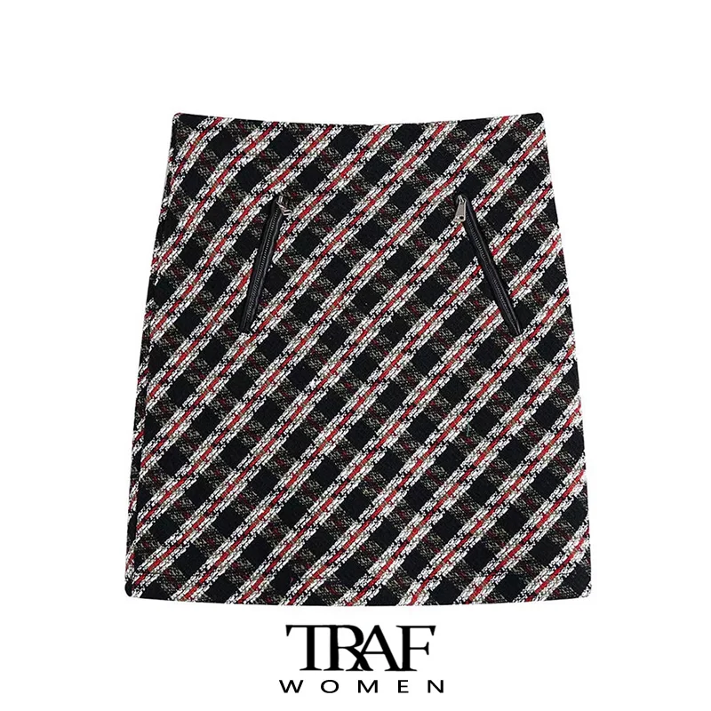 

TRAF Za Women Chic Fashion Front False Pockets With Zips Tweed Mini Skirt Vintage High Waist Back Zipper Female Skirts Mujer