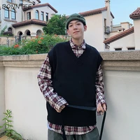 sweater vest men solid oversize hong kong style new students sleevess knitted all match sweaters chic trendy outwear ulzzang ins