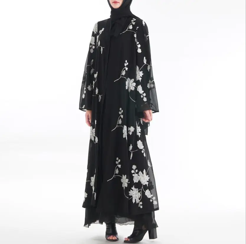 Женское платье в турецком стиле, черное платье с вышивкой, белая мусульманская одежда, летний кардиган, Jalabiya Дубай KJ