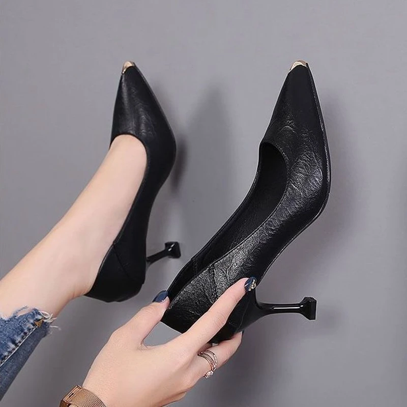 Soft Leather Two-wear High Heel Women's Shoes Autumn Pointed Toe Single Shoes Women Stiletto Iron Toe Black Mid-heel Work Shoes