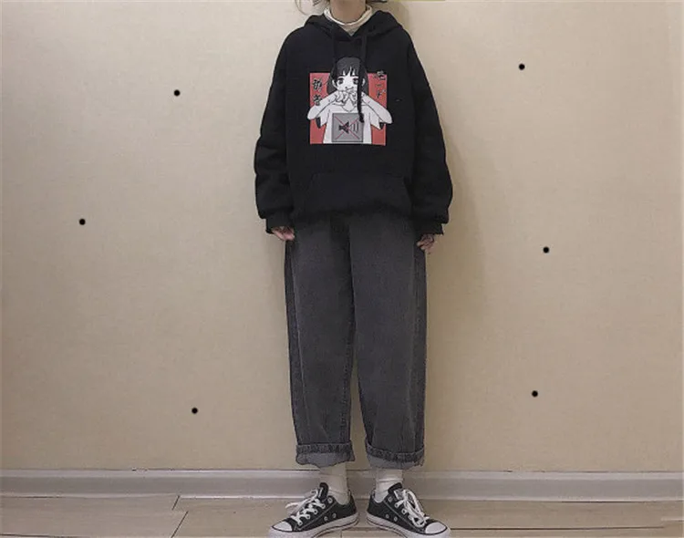 Harajuku Kawaii аниме девушка с капюшоном Толстовка японский Винтаж милый черный флис толстовка с рисунком женский объемный пуловер