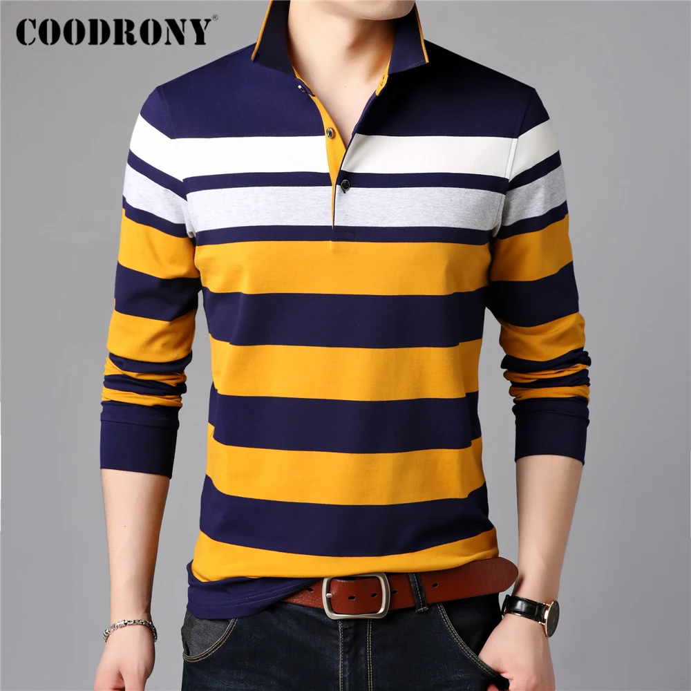 

Cotton Striped Turn-Down Collar T-Shirts Men Clothing COODRONY Brand Spring Autumn New Arrival Streetwear Long Sleeve Tee Z5067