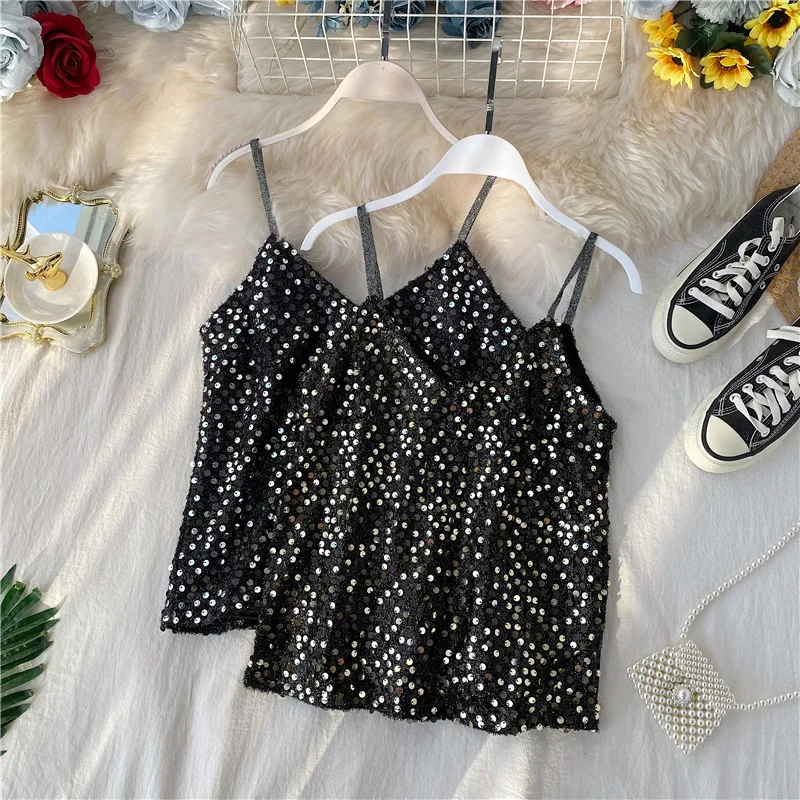 Design sparkling sequined camisole v-neck sexy sleeveless shirt women | Женская одежда