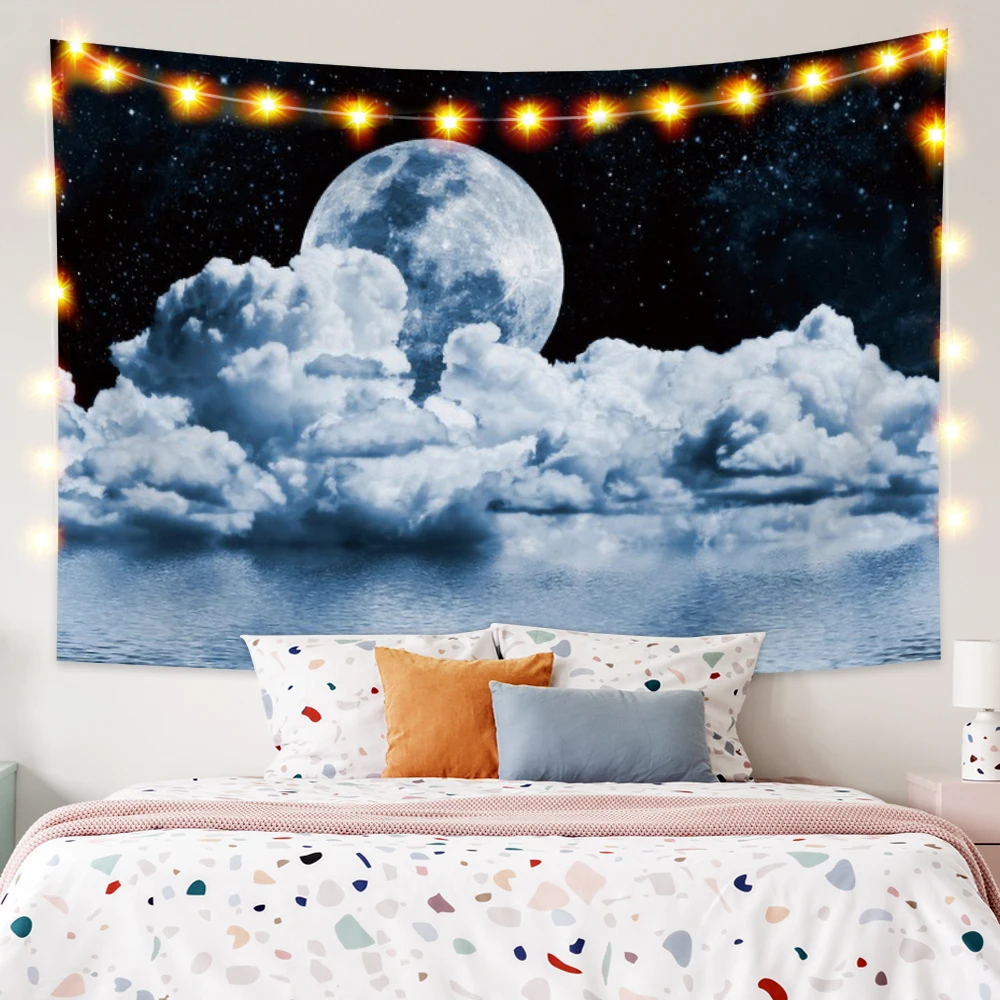 

Laeacco Night View Moon And White Clouds Print Tapestry Fashion Blanket Wall Hangings Modern Home Bedside Decor Carpet Polyester