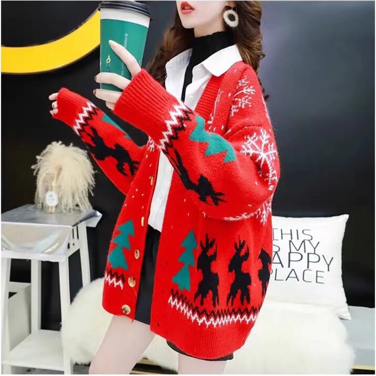 

Christmas Women's sweater Scarf Collar Knitted Open Stitch cardigan oversized sweater cropped cardigan winter clothes women 2020