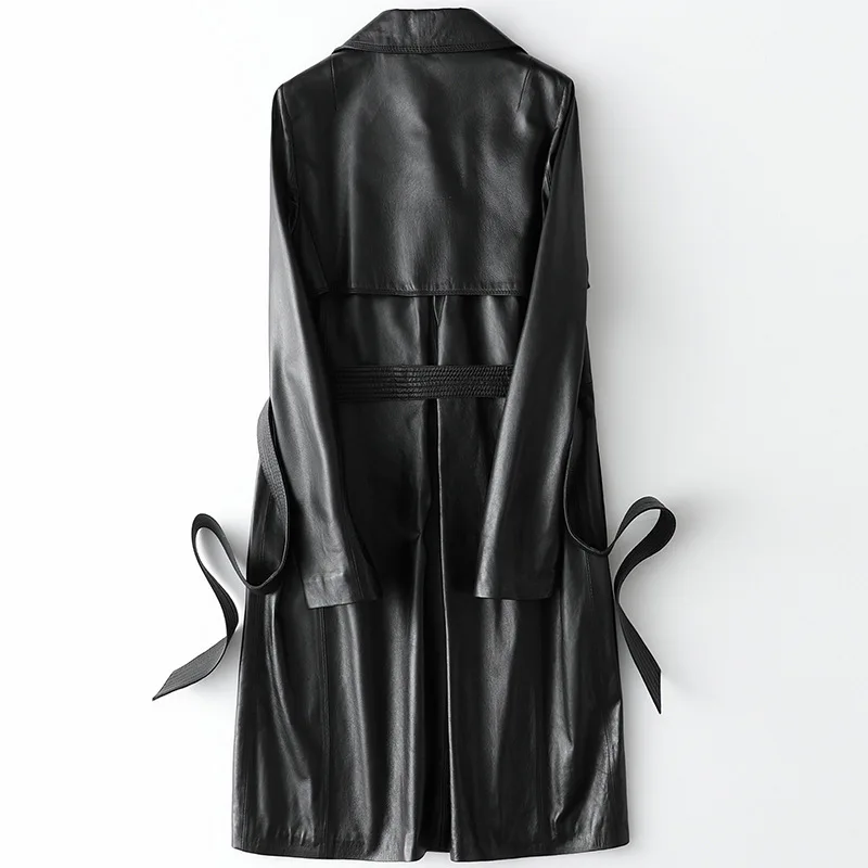 2021 Leather Shearling Jacket Belts Long Women Black Turn Down Collar Sheepskin Office Lady Genuine Leather Coats 3XL Plus Size