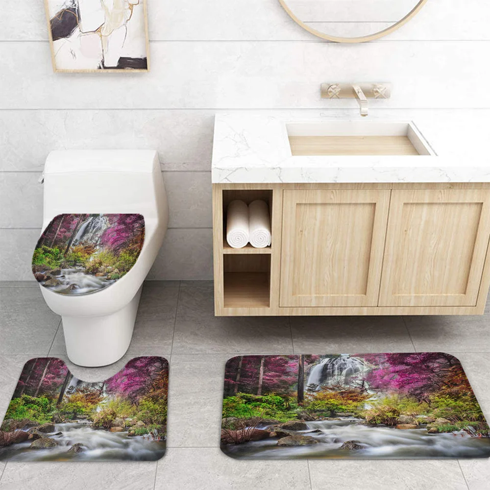 Plant Forest Waterfall Tropical Rainforest Shower Curtain Toilet Seat Cover Set Wc Accessories Mat Bathroom Decor Bath Curtains | Дом и сад
